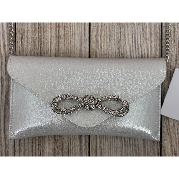 J Silver Iridescent Evening Clutch‎ Rhinestone Bow Detail Chain Strap NWT - Picture 3 of 7